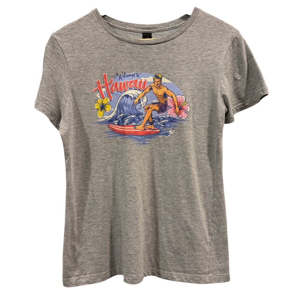 Y2K Hawaii Surf Graphic T-Shirt Gray Surfer Girl Preppy 90s VTG, Size M